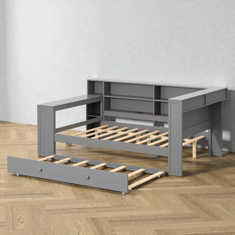 Lit de jour double avec lit gigogne et bureau, tête de lit tapissier, tablettes de rangement avec station de charge et DEL, contemporain