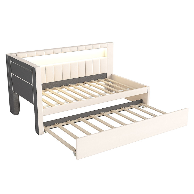 Upholstered Twin Size Platform Bed With USB Ports And LED Belt, With Trundle, White