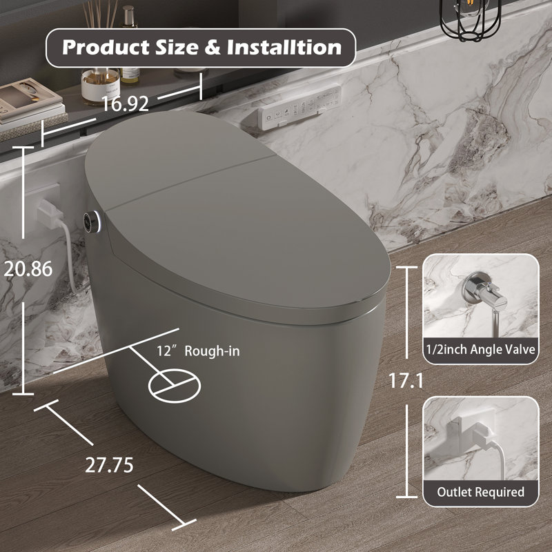 Toilettes à bidet automatique, porcelaine grise brute de 12 pouces, maison compacte moderne