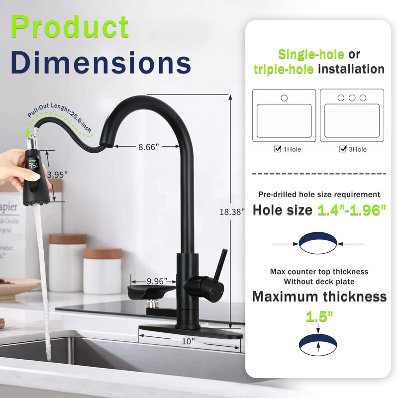Robinet de cuisine 3 en 1 en acier inoxydable noir mat avec affichage de la température de la diode électroluminescente et pulvérisateur rétractable