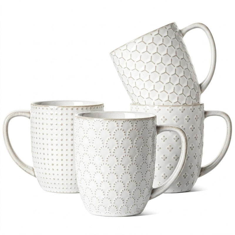 Coffee Mugs 16 oz Set of 4, Ceramic Mug, Embossment Cups