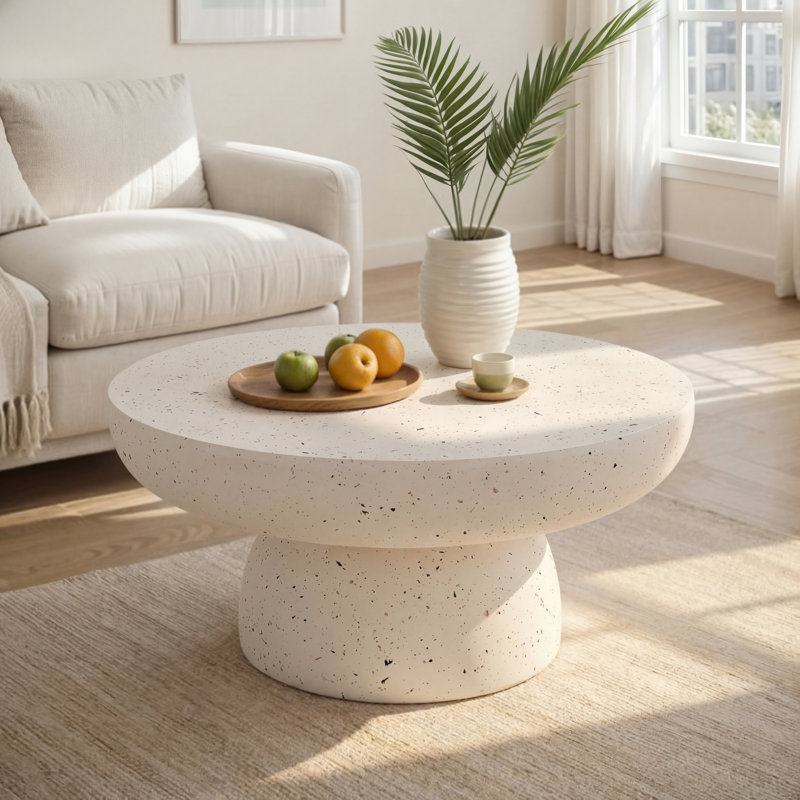 Rey Patio Round Magnesium Oxide Coffee Table, Terrazzo White