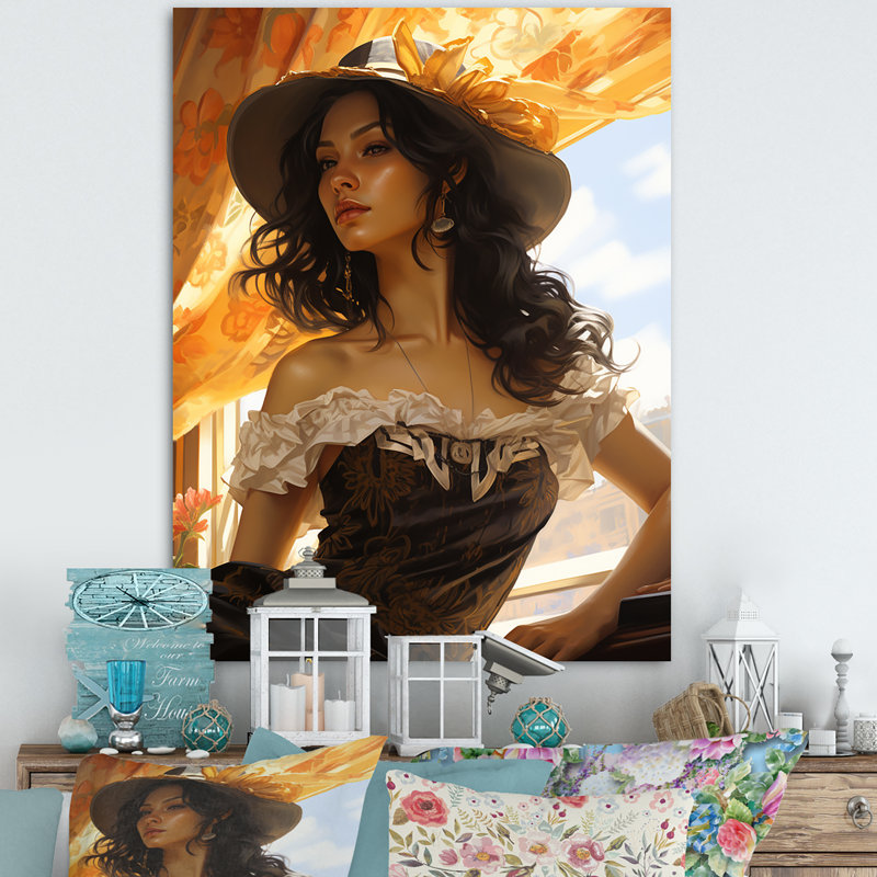 Gomberie orange avec photo réaliste d'une femme mexicaine - impression, Toile tendue, H 40 po x l 30 po x P 1,5 po