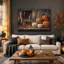 Art mural sur toile sculpté citrouilles orange et blanches avec bougies-435157791