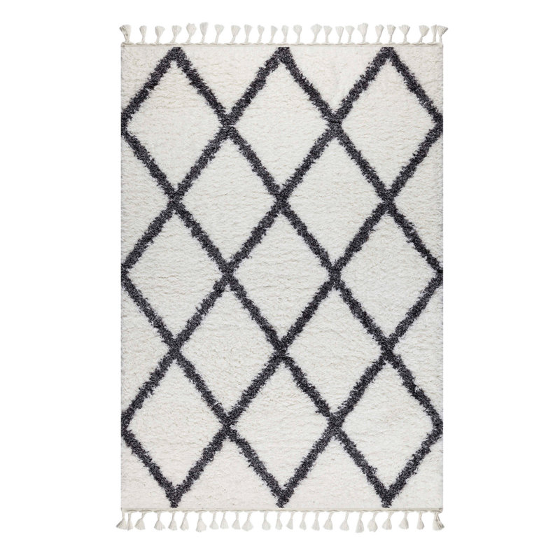 Tapis géométrique rectangulaire en polyester tissé à la machine blanc / noir Niantic, Rectangle 6 pi 7 po x 9 pi 6 po