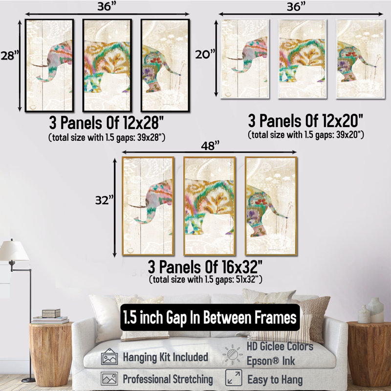 «Boho Paisley Elephant II Vii», ensemble d'art mural sur toile encadré bohémien et éclectique, Brun