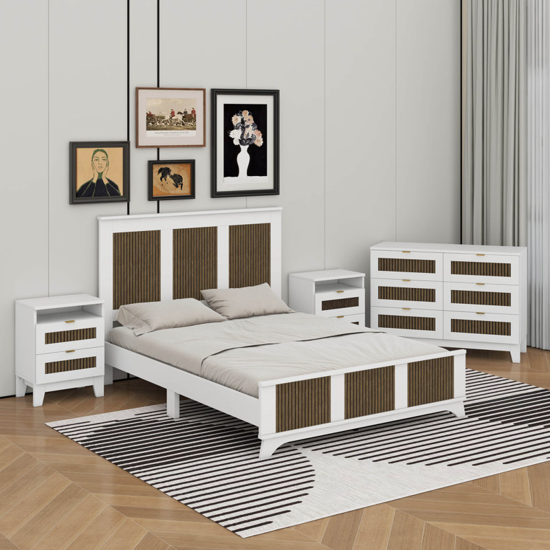Grand lit plateforme campagnard avec bande en bois, Blanc