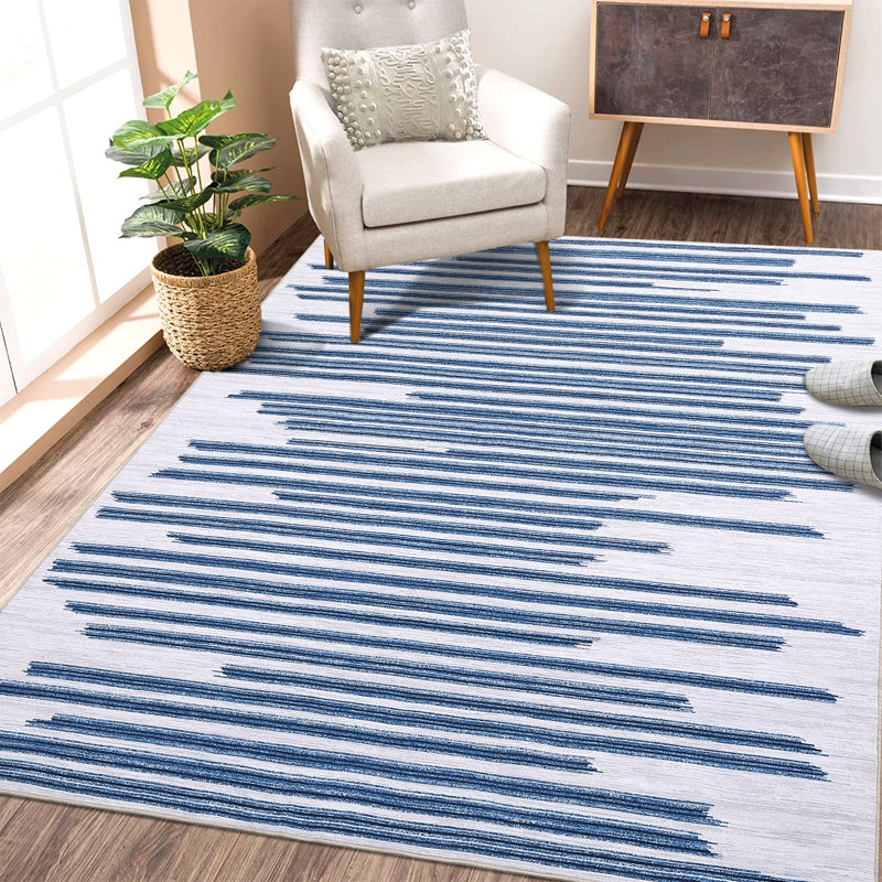 Tapis rayé en polyester bleu Kr Krellyn, Rectangle 5 pi x 7 pi