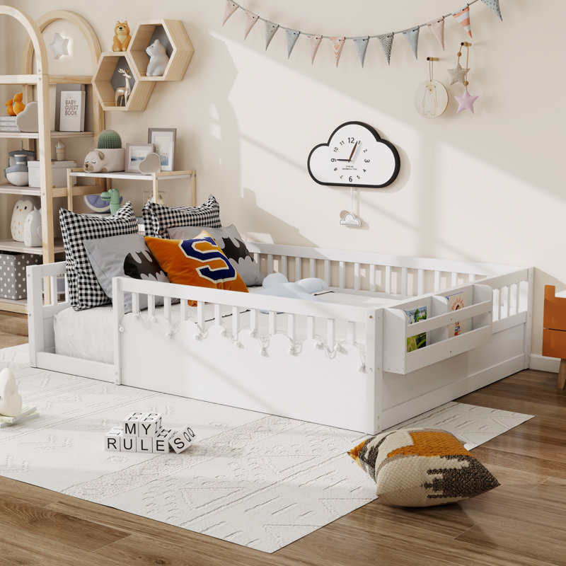 Full Size Floor Bed For Children With High Rails,Light And Storage Shelf, White
