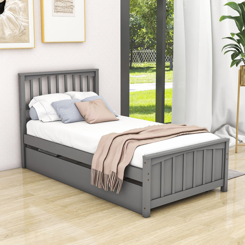 Twin Size Wooden Platform Bed with Trundle, Grey