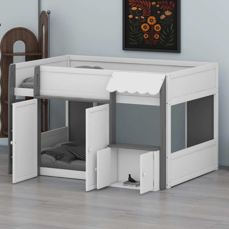 Lit mezzanine moderne avec cadre de maison moderne et aire de jeu dédiée, Blanc + gris