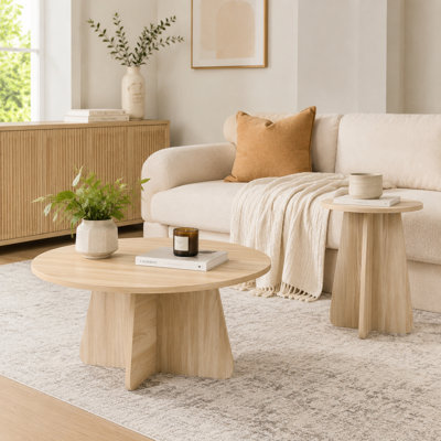 Retro Nesting Coffee Table Set of 2 Round Wooden Coffee Tables with Cross Legs for Living Room