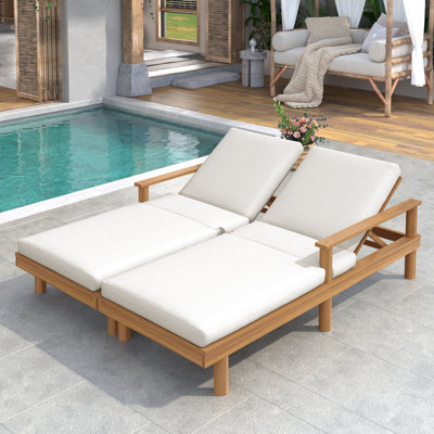 Ensemble de 2 chaises longues d'extérieur inclinables, bois d'acacia, dossier réglable, contemporain, au bord de la piscine