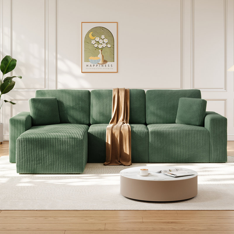 3 Seater Corduroy Sofa & Chaise, Green