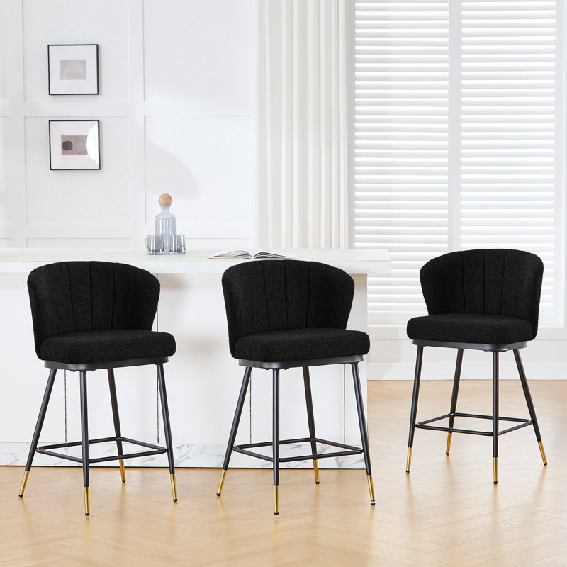 26" Boucle Fabric Counter Height Bar Stools With Metal Frame, Black