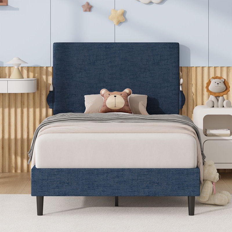Structure de lit plateforme en chenille avec tête de lit tapissier, Bleu