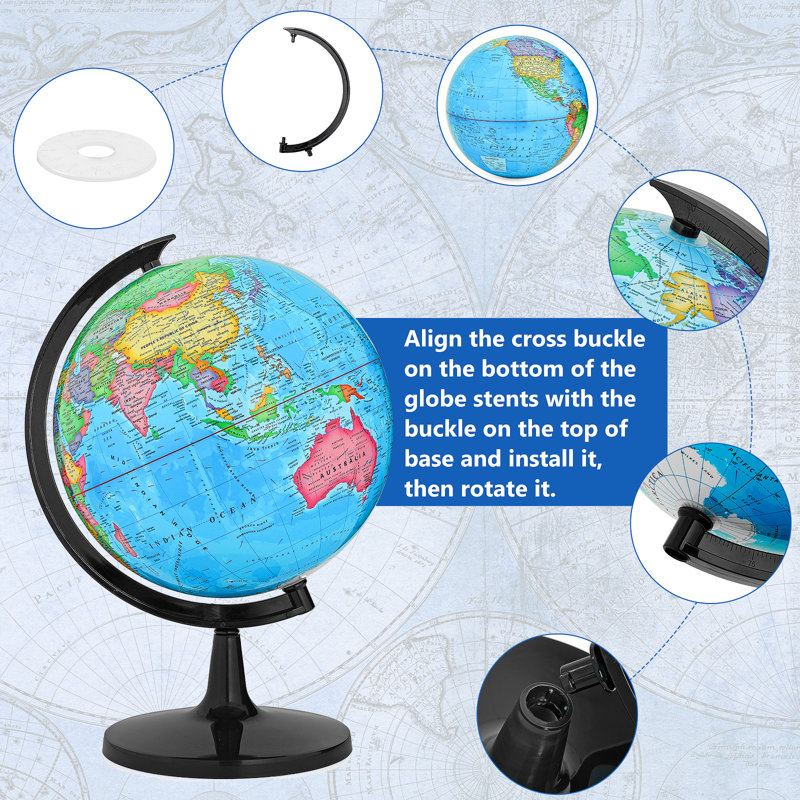 13" Tabletop World Globe Desk Decoration, 360° Horizontal Rotation with Clear Text Markings