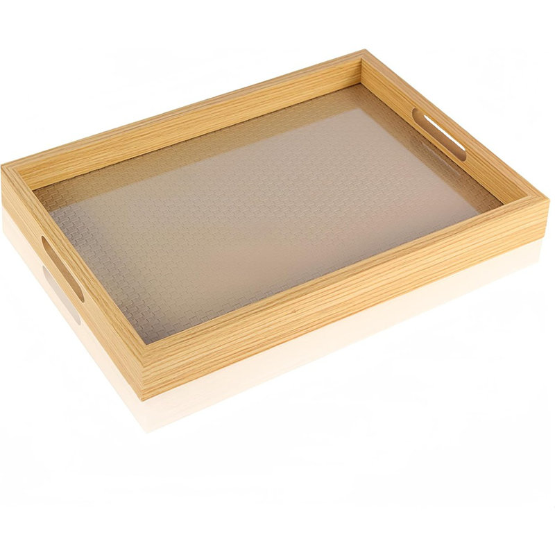 Rattan Rectangular Service Trays, Leather Surface Tray Food Drinks Tray,With Handles For Coffee Table, Breakfast, Dinner & Bar,Kitchen,Party