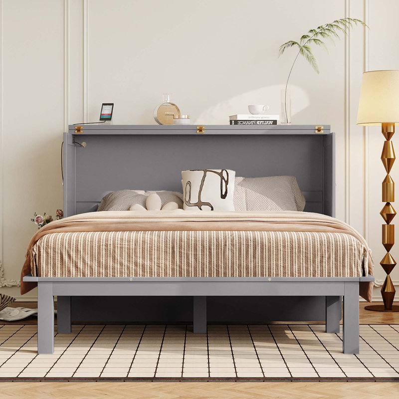 Lit escamotable avec port USB et tablettes amovibles de chaque côté, Gris