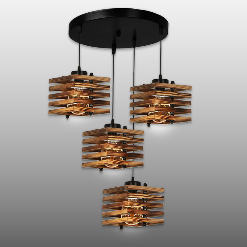 Luminaire suspendu en bois 4 lumières, Brun