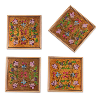 Ensemble de 4 sous-verres floraux floraux en verre peint à l'envers