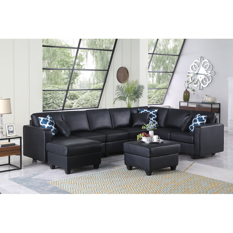 Canapé modulaire réversible en similicuir avec repose-pieds, Similicuir noir