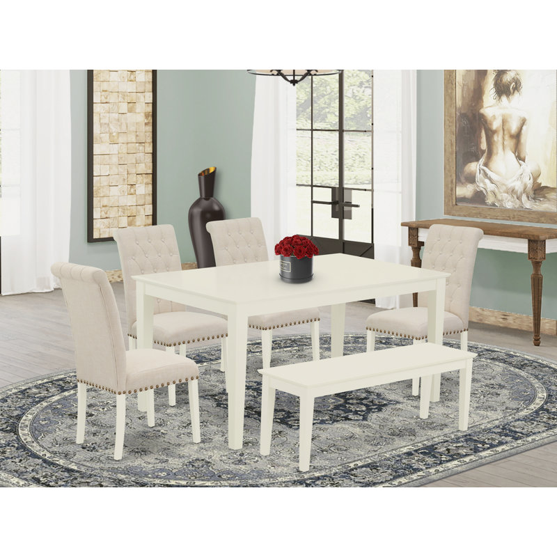 6 Piece Dining Table Set Contains a Rectangle Kitchen Table and 4 Light Beige Linen Fabric Upholstered Chairs with a Bench, 36x60 Inch, Linen White