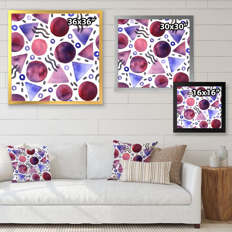 Rétro triangle mauve et cercles bourgogne - reproduction d'art sur toile moderne, H 16 po x l 16 po x P 1 po