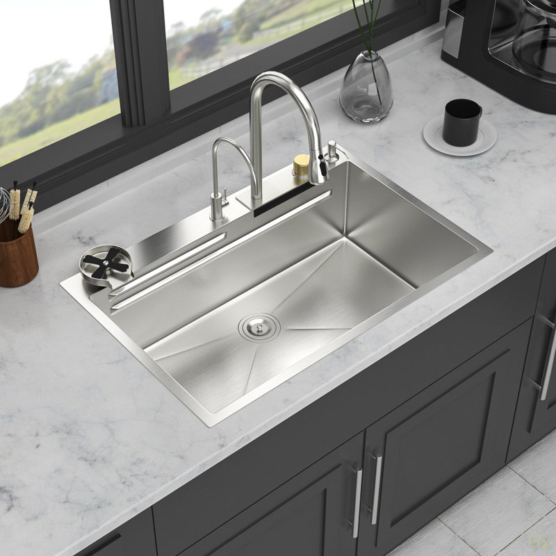 33" Drop In Waterfall Kitchen Sink - 33*22 Inch Single Bowl 16 Gauge Stainless Steel Ledge Workstation Kitchen Sinks With Pull-Out Faucet & Cup Washer