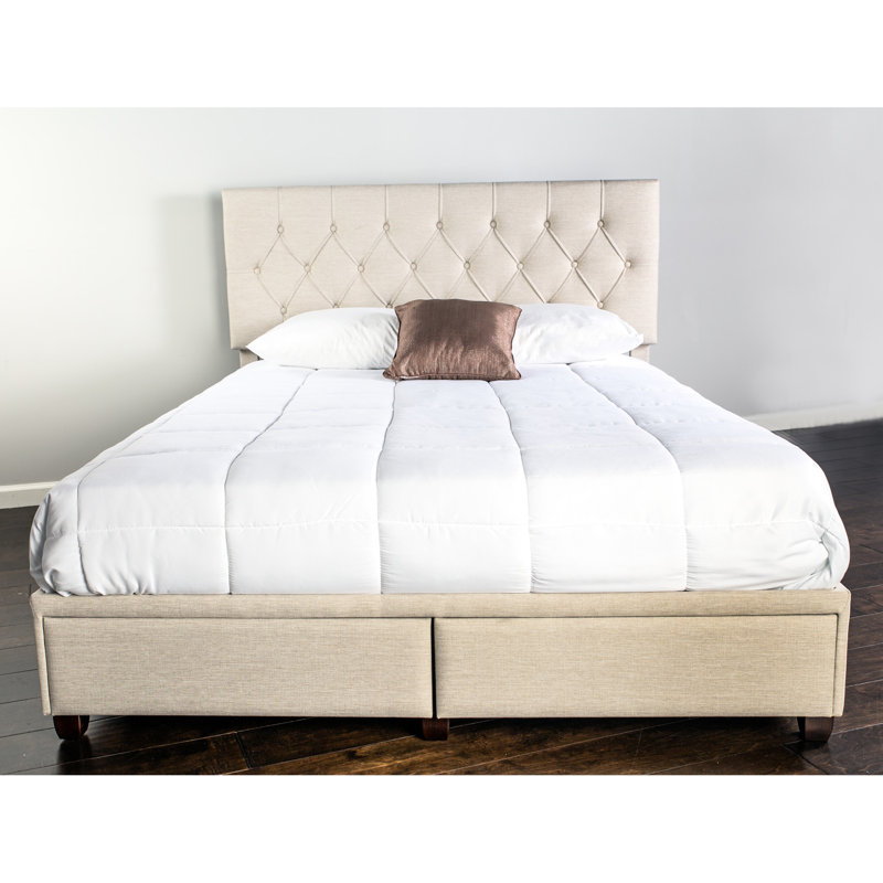 Grand lit tapissier avec 2 tiroirs en tissu beige