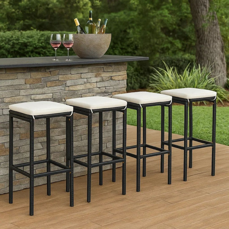 Vian Outdoor Barstool, Poly Rattan, Polyester, 4, Black, Cream White