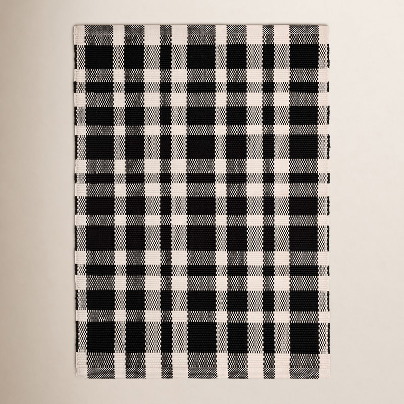 Tattersall Plaid Handwoven Black/Ivory Indoor/Outdoor Area Rug, Rectangle 3' x 5'