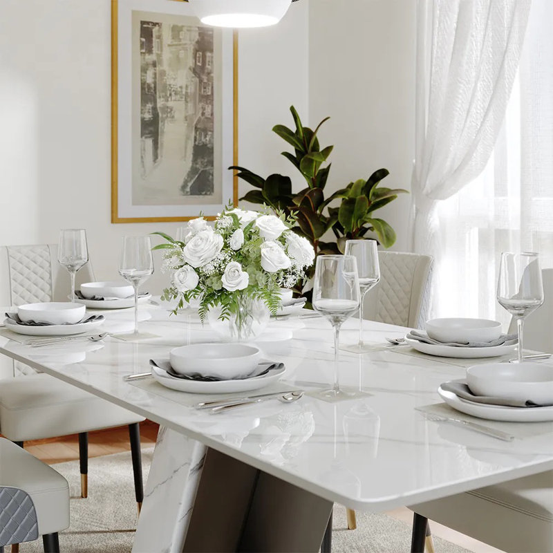 Table de salle à manger Stapp, H 29,53 po x L 78,74 po x l 39,37 po, Noir, Blanc lustré