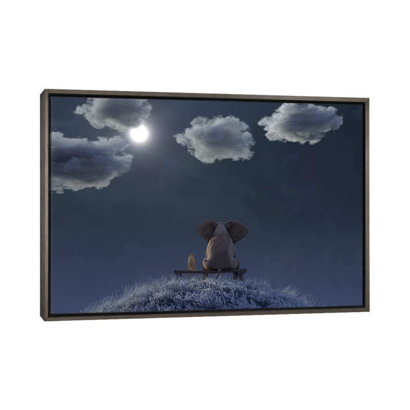 L’éléphant et le chien sont assis sur une prairie par une nuit de lune, H 26 po x l 40 po x P 1,5 po, Pas de tapis