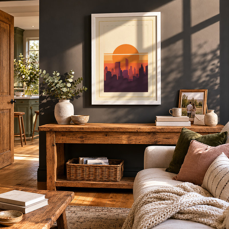 Cityscape at Sunset Retro - Framed Print, A2 - 59.4 x 42.0 cm, White