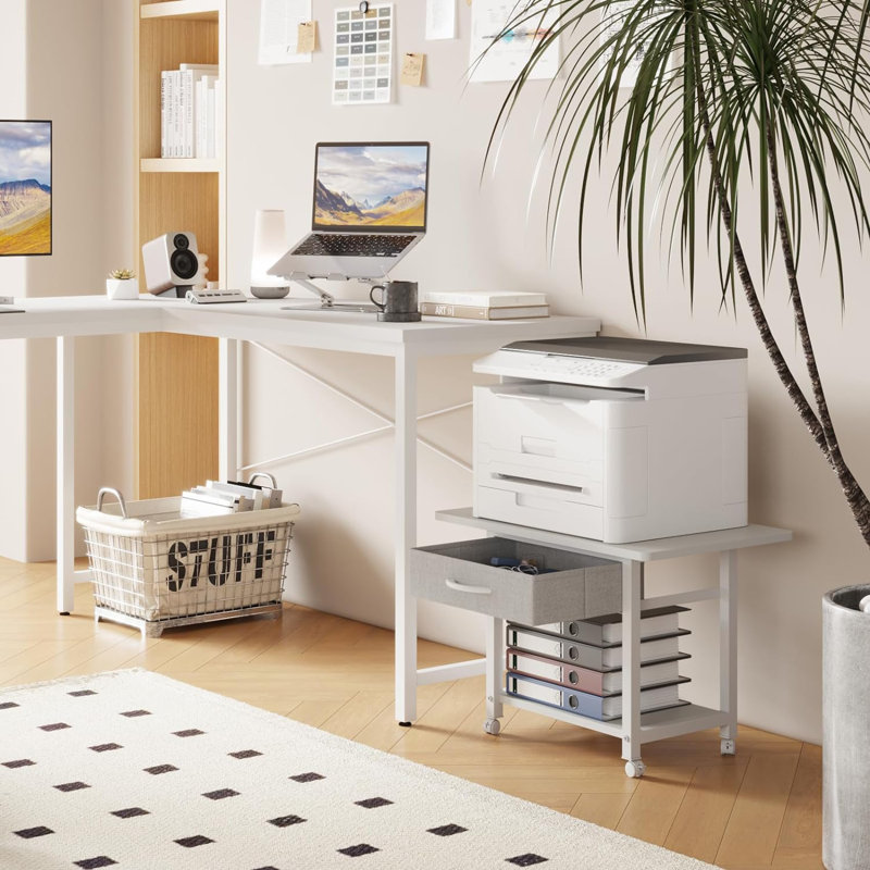 Large Printer Stand With Storage Drawer, 2-Tier Under Desk Printer Table For Home Office, Printer Cart Fit Fax Machine 3D Printer Scanner(Brown