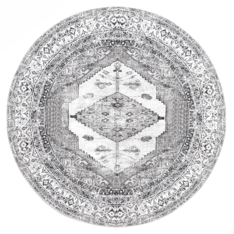 Teo Medallion Machine Washable Area Rug for Living Room Bedroom Dining Room Kitchen, Light Grey/Ivory, Round 8'