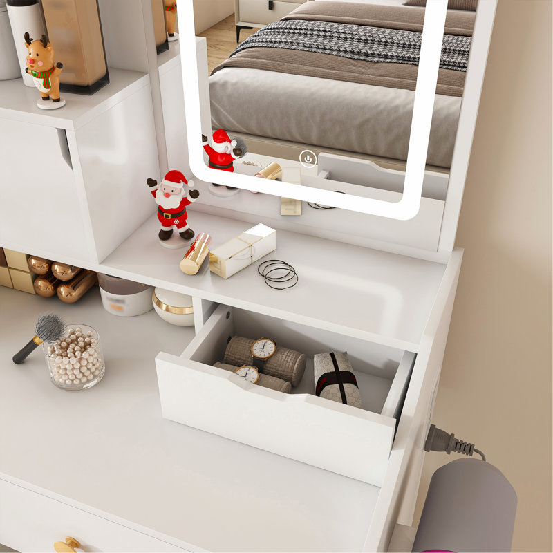 Coiffeuse à DEL 3 couleurs avec tabouret, coiffeuse à 2 tiroirs, éclairage réglable, Blanc