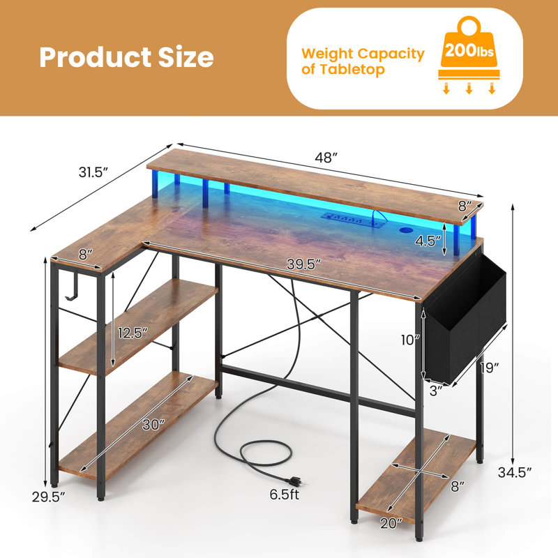 48" L-Shaped Gaming Desk with LED Lights & Power Outlets Storage Shelves Brown, Rustic Brown/Black