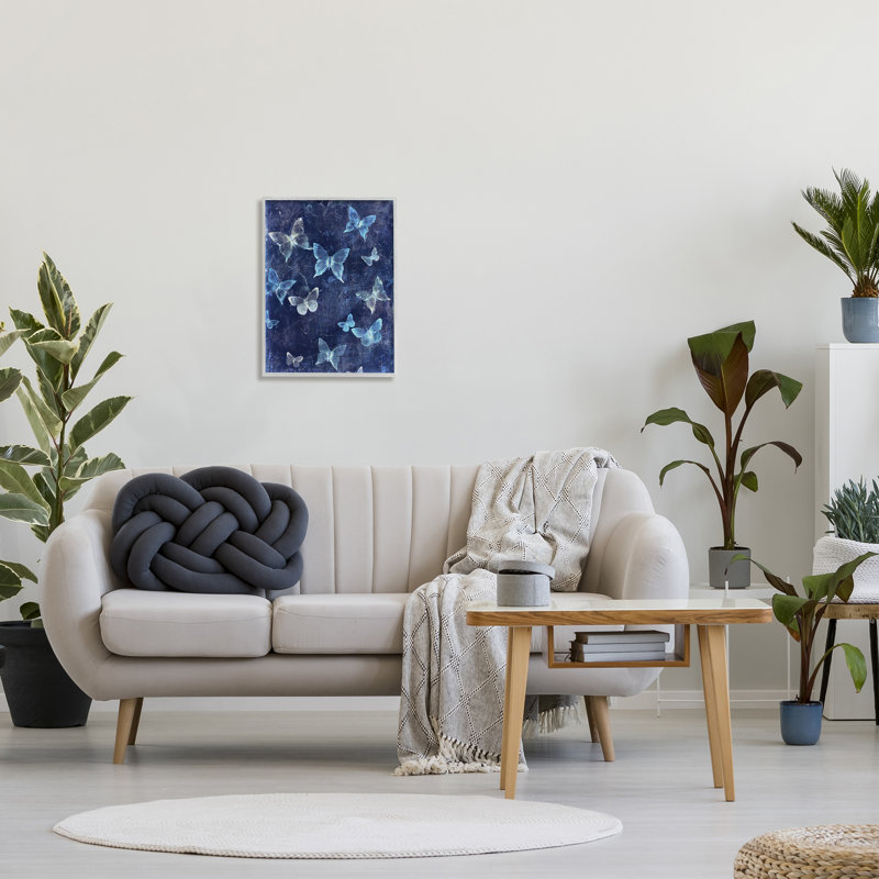 Blue Abstract Butterflies Canvas Print with Gray Frame
