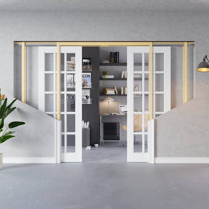 Intérieur de la porte en verre transparent 15-Lite, portes en verre trempé CARB P2 en panneau de fibres à densité moyenne et en verre trempé, avec cadre solide renforcé et trousse de quincaillerie, porte de chambre coulissante pré-finie et imperméable, pour garde-manger, chambre à coucher, salle de bain et garde-robe 64 po x 80 po