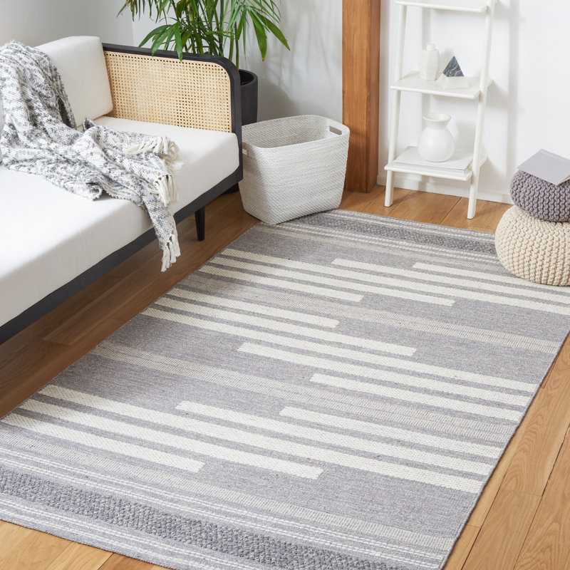 Tapis rayé ivoire / gris en coton / laine Buth, Rectangle 8 pi x 10 pi