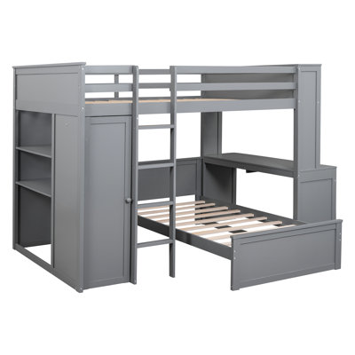 Lit mezzanine double avec lit simple, tablettes grises, bureau, garde-robe pour décors de chambre à coucher fonctionnels et extras - gris. Maximisez l'espace. Fabrication en pin massif. L 94,8 po x l 78,7 po x H 65 po. Aucune fondation nécessaire