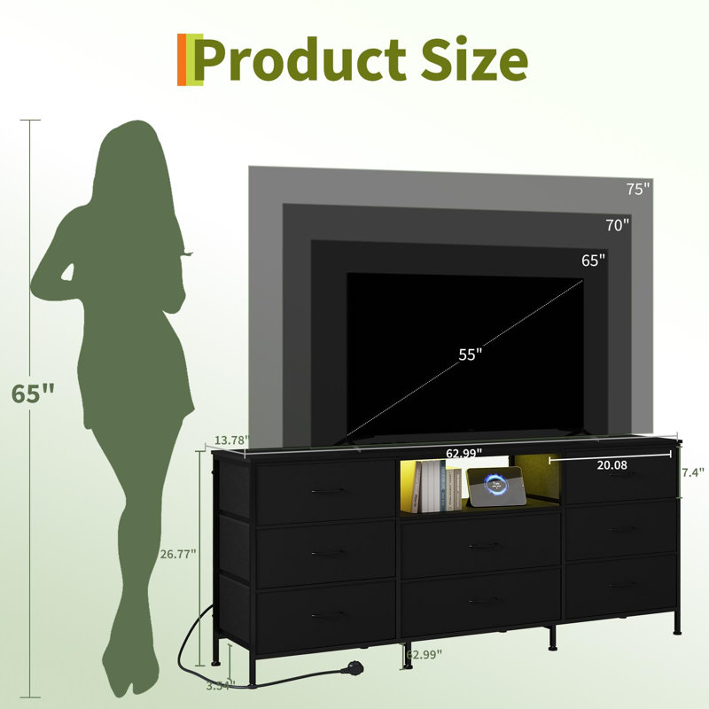 Metal 160cm W 8 - Drawer Chest of Drawers, Black