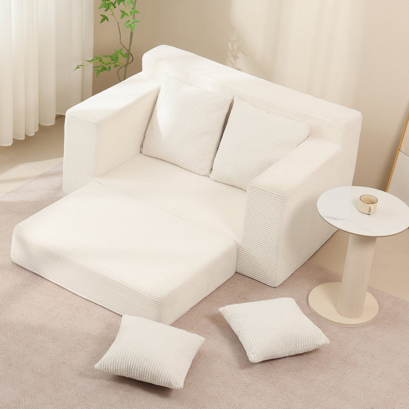 Corduroy Sofa Bed, 3 In 1 Loveseat Folding Child Couch Bed Foldable - Chaise Lounge Chair & Floor Futon Sleeper, Pull Out Sofa Bed With 4 Pillows For Living Room, Beige