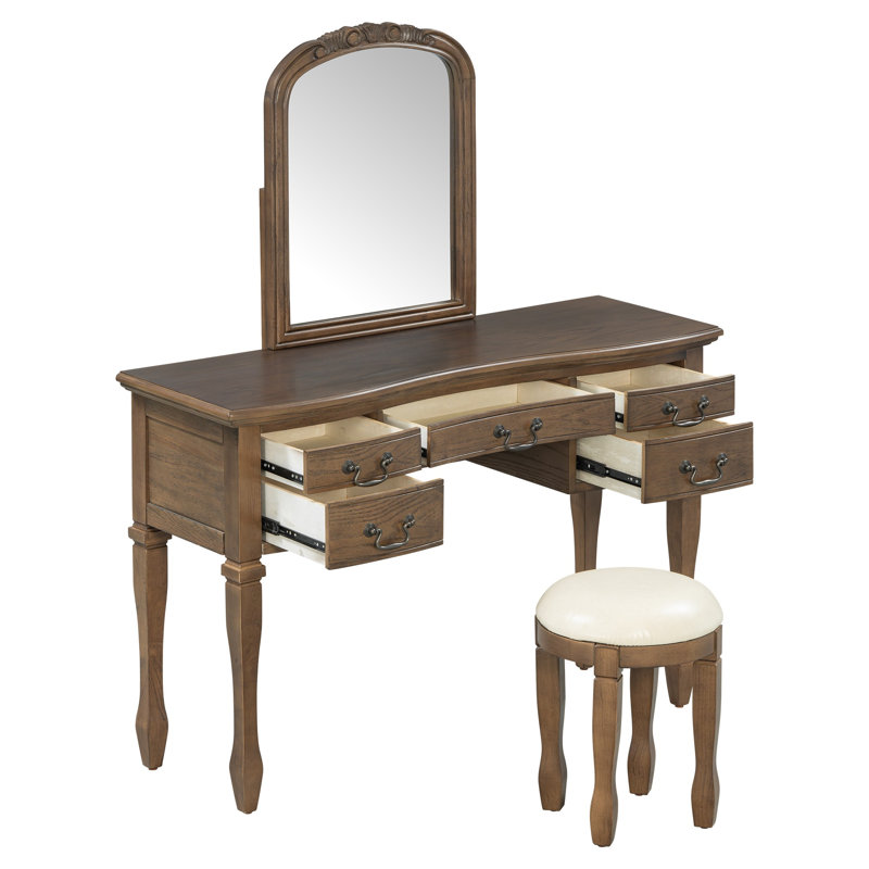 Coiffeuse 46 po avec miroir arqué sculpté 46 po, 6 tiroirs et tabouret rembourré avec pieds en bois massif