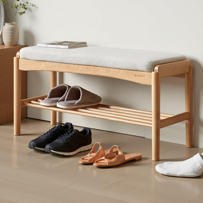 Solid Oak Upholstered Shoe Bench, 31.5"W, Natural Oak & Beige