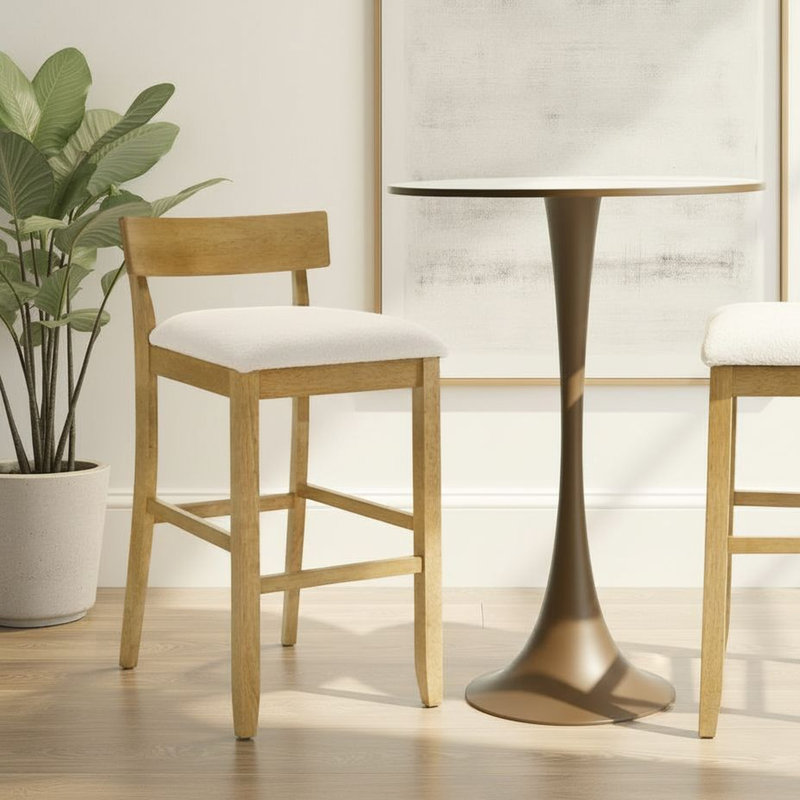 Merie Modern Transitional Wood Bar Height Kitchen Bar Stool In Amber Glow Finish With White Boucle Fabric Upholstered Seat - Set Of 3