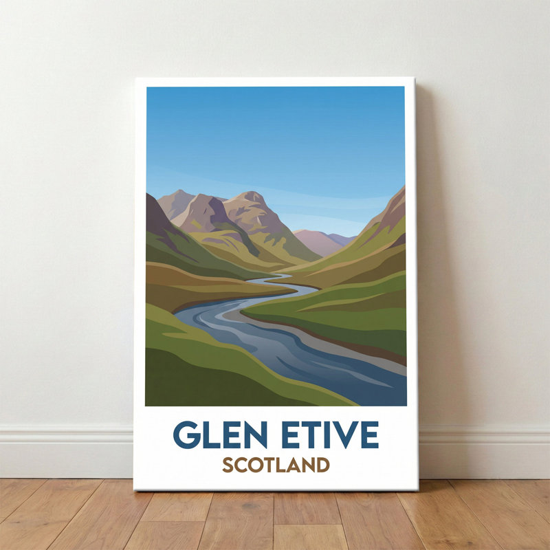 Glen Etive, Scotland - Romantic Highlands Travel Poster: Winding River and Mountain Solitude. Giclee Print on Wrapped Canvas. Wall Art, Home Decor - Regions & Scenic Areas, Scotland 1 Piece Wrapped Canvas Wall Art