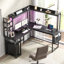Bureau en L Bianco avec huche et prise de courant, bureau d'ordinateur de coin de jeu avec lumières DEL